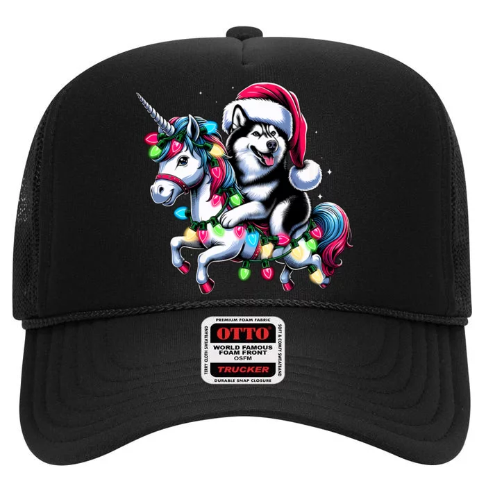 Christmas Lights Siberian Husky Dog Riding Unicorn High Crown Mesh Trucker Hat