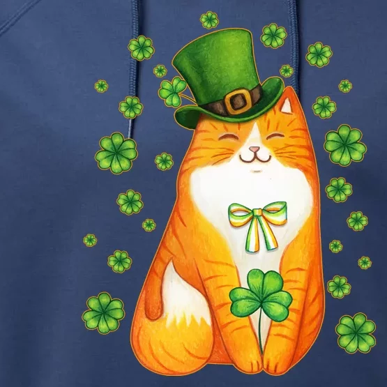 Cute Lucky St PatrickS Day Orange Tabby Cat Performance Fleece Hoodie