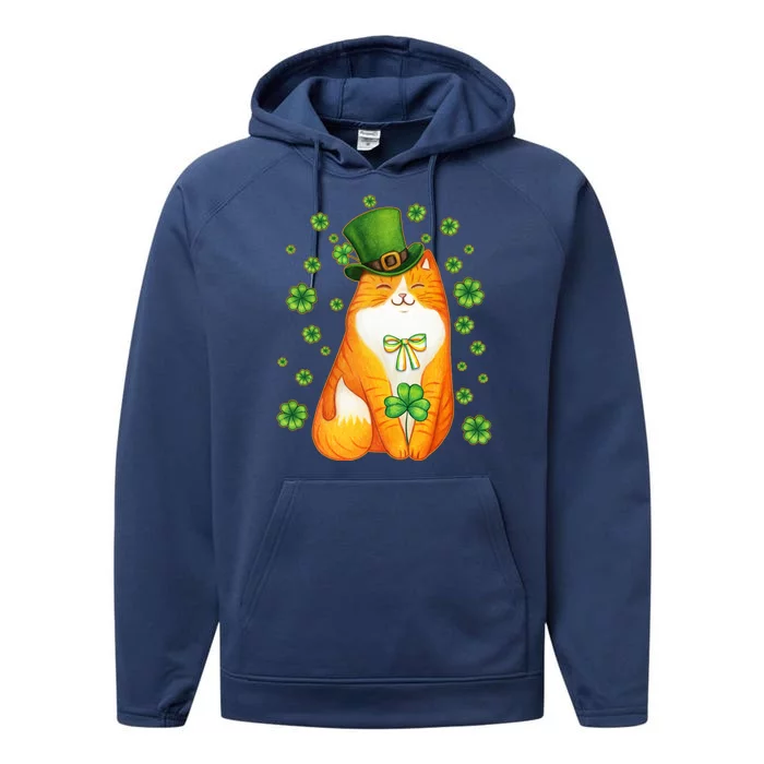 Cute Lucky St PatrickS Day Orange Tabby Cat Performance Fleece Hoodie