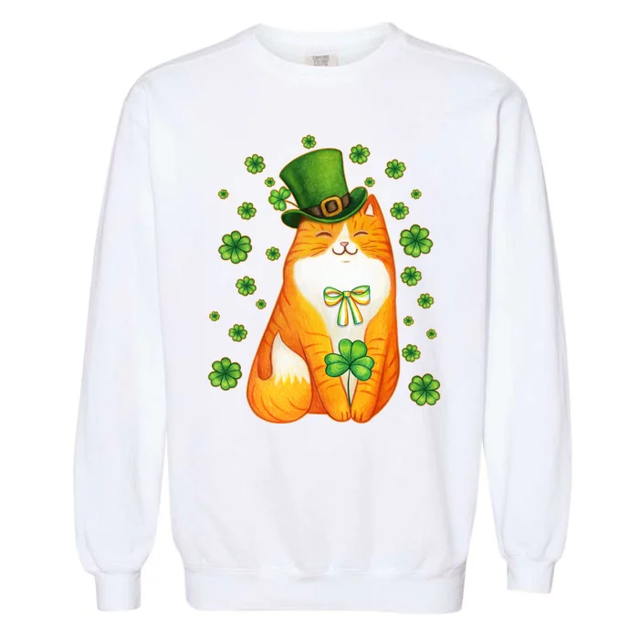 Cute Lucky St PatrickS Day Orange Tabby Cat Garment-Dyed Sweatshirt