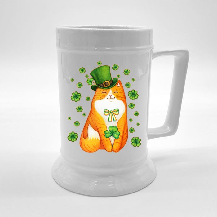 Cute Lucky St PatrickS Day Orange Tabby Cat Front & Back Beer Stein