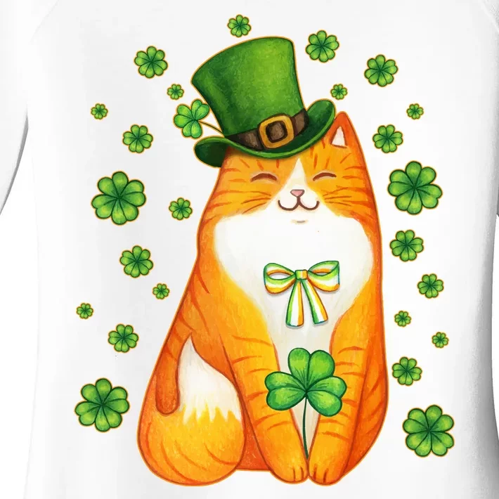 Cute Lucky St PatrickS Day Orange Tabby Cat Women's Perfect Tri Tunic Long Sleeve Shirt