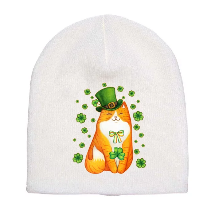 Cute Lucky St PatrickS Day Orange Tabby Cat Short Acrylic Beanie