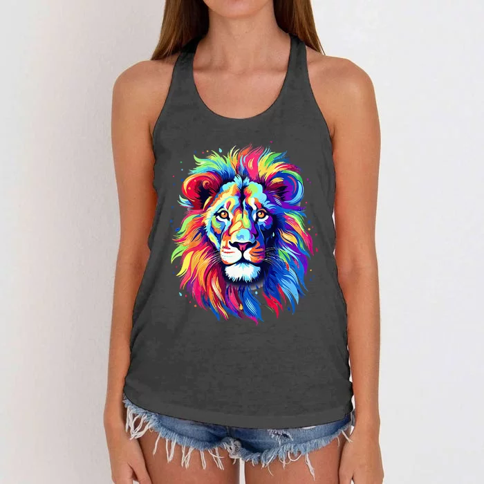 Colorful Lion Spirit Animal Multicolor Art Leo Lion Women's Knotted Racerback Tank