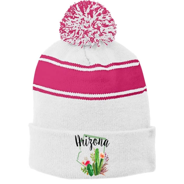 Cute Love State Of Arizona Blooming Cactus Flowers Gift Stripe Pom Pom Beanie