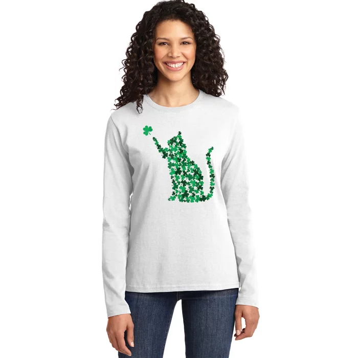 Cat Lucky Shamrock Saint PatrickS Day Cat Lover Ladies Long Sleeve Shirt