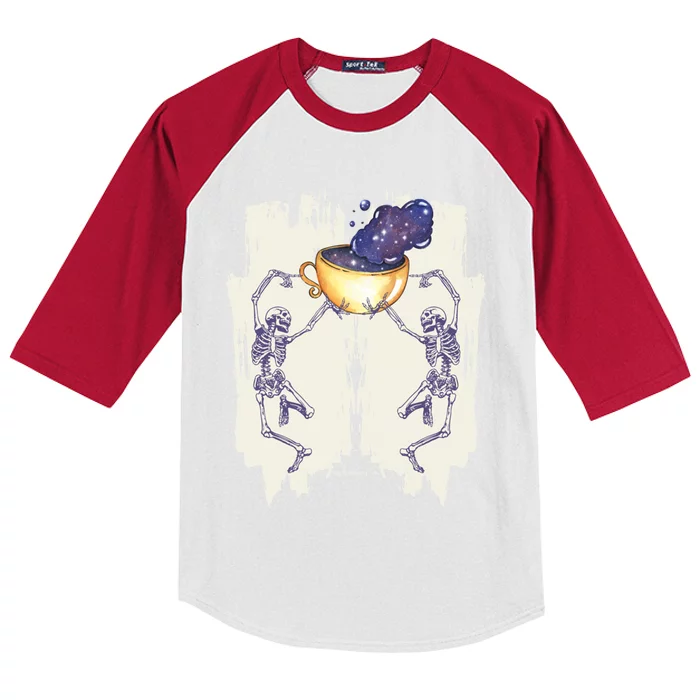 Coffee Lovers Skeletons Dancing With A Cup Of Coffee Gift Kids Colorblock Raglan Jersey