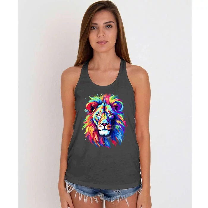 Colorful Lion Spirit Animal Multicolor Art Leo Lion Women's Knotted Racerback Tank