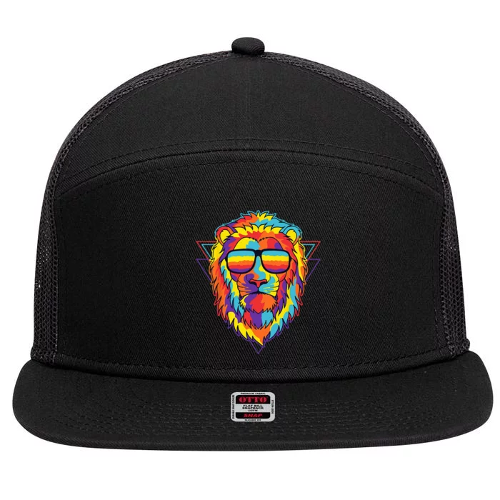 Colorful Lion Spirit Animal Multicolor Art Leo Lion Glasses 7 Panel Mesh Trucker Snapback Hat