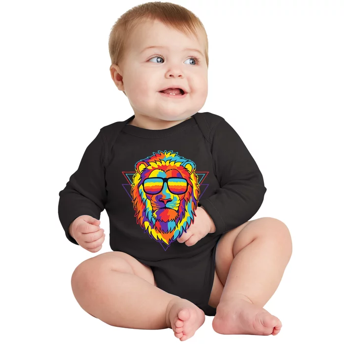 Colorful Lion Spirit Animal Multicolor Art Leo Lion Glasses Baby Long Sleeve Bodysuit