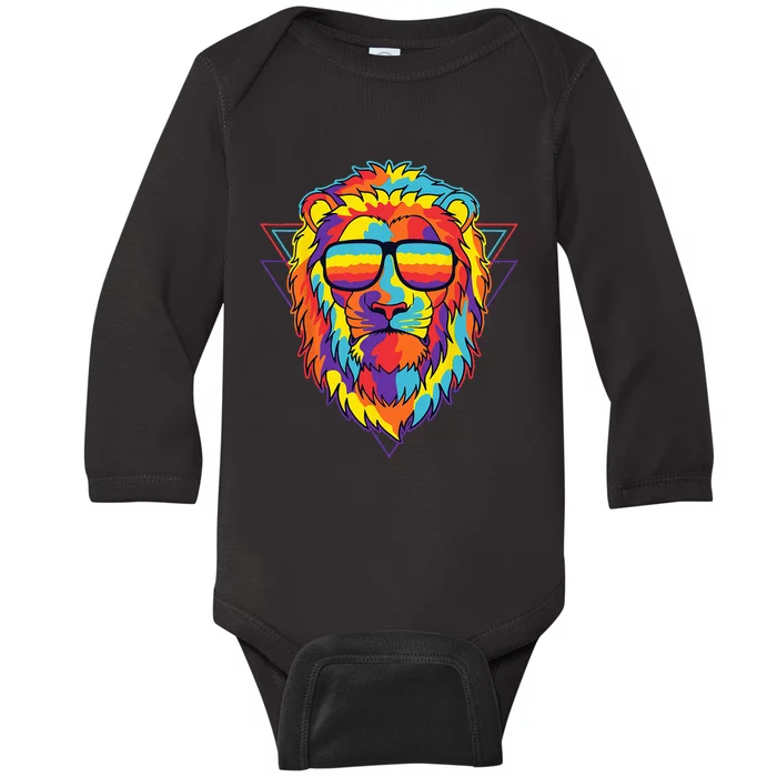 Colorful Lion Spirit Animal Multicolor Art Leo Lion Glasses Baby Long Sleeve Bodysuit