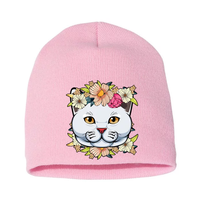 Cat Lover Spring Floral Gift Short Acrylic Beanie