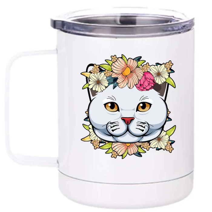 Cat Lover Spring Floral Gift Front & Back 12oz Stainless Steel Tumbler Cup