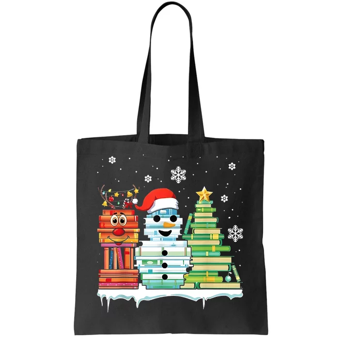 Christmas Library Tree Snoman Merry Bookmas Book Lover Xmas Tote Bag