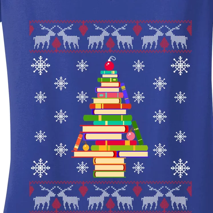 Christmas Library Tree Funny Funny Gift For Reading Book Lovers Gift Women's V-Neck T-Shirt