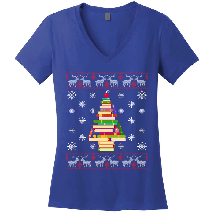 Christmas Library Tree Funny Funny Gift For Reading Book Lovers Gift Women's V-Neck T-Shirt