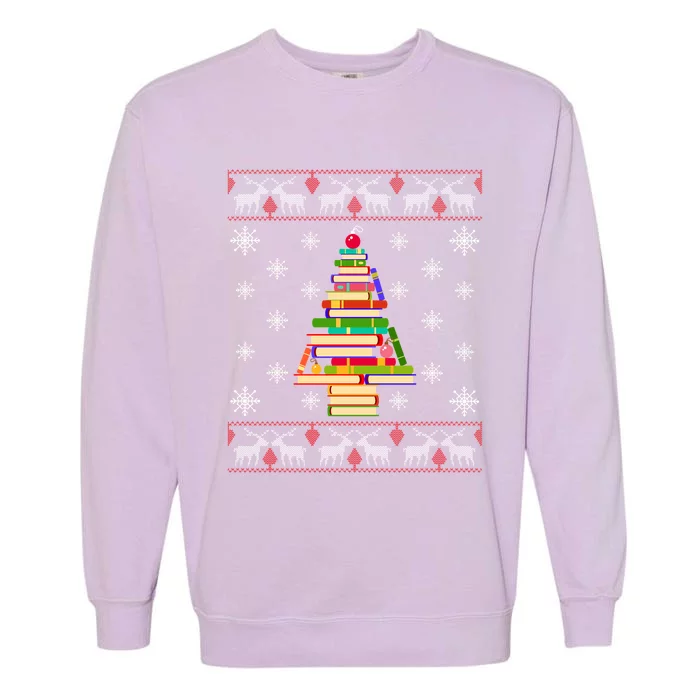 Christmas Library Tree Funny Funny Gift For Reading Book Lovers Gift Garment-Dyed Sweatshirt