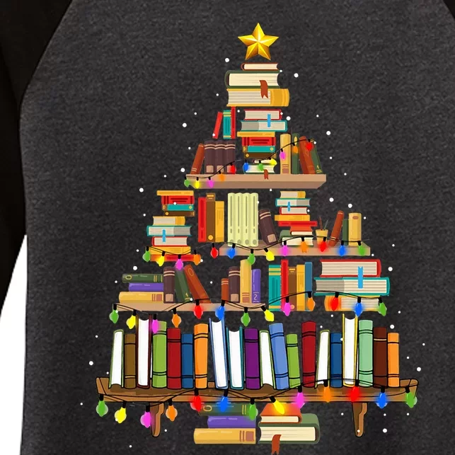 Christmas Library Tree Lights For Librarian And Book Lover Women's Tri-Blend 3/4-Sleeve Raglan Shirt