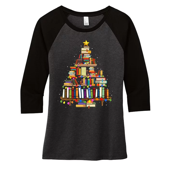 Christmas Library Tree Lights For Librarian And Book Lover Women's Tri-Blend 3/4-Sleeve Raglan Shirt