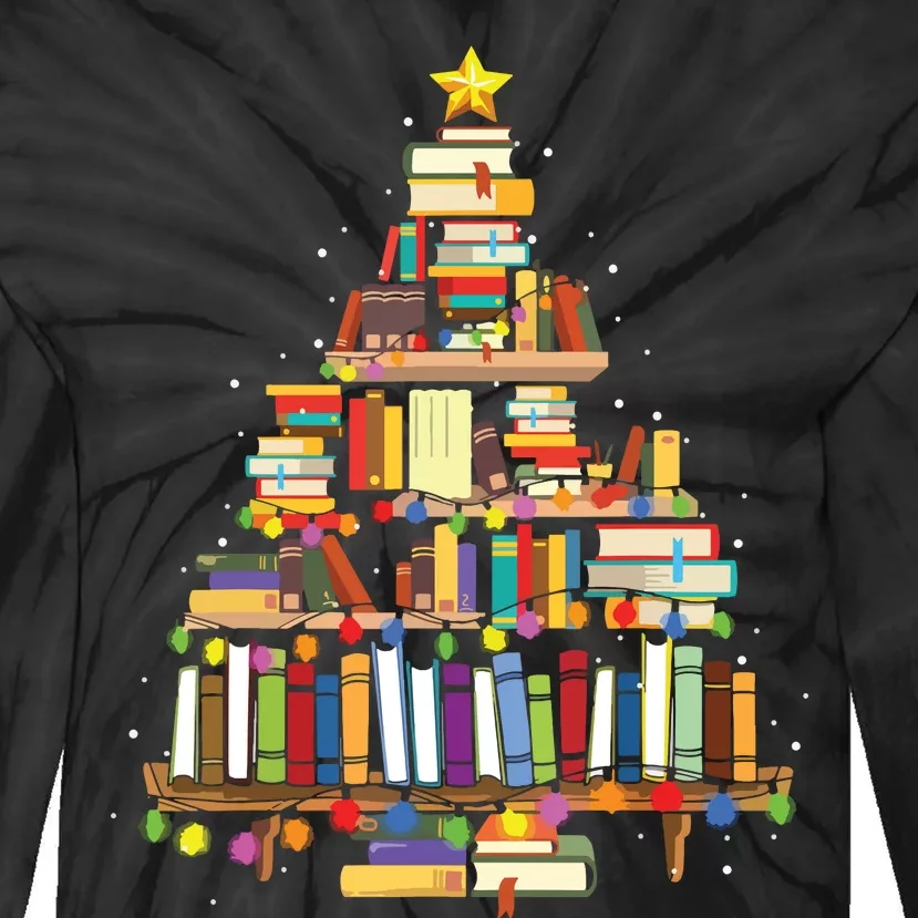 Christmas Library Tree Gift For Librarian And Book Lover Tie-Dye Long Sleeve Shirt