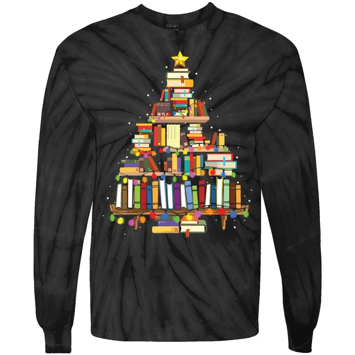 Christmas Library Tree Gift For Librarian And Book Lover Tie-Dye Long Sleeve Shirt