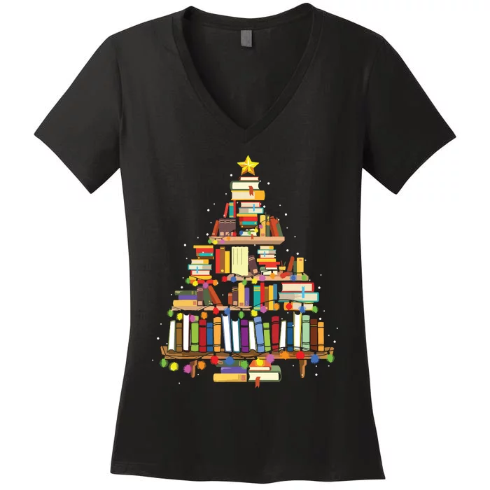 Christmas Library Tree Gift For Librarian And Book Lover Women's V-Neck T-Shirt