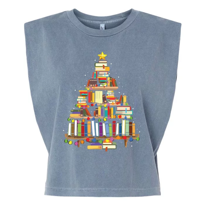 Christmas Library Tree Gift For Librarian And Book Lover Garment-Dyed Women's Muscle Tee