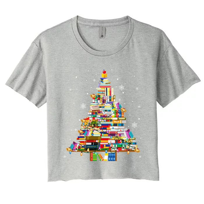 Christmas Library Tree Lights For Librarian And Book Lover Cute Gift Women's Crop Top Tee