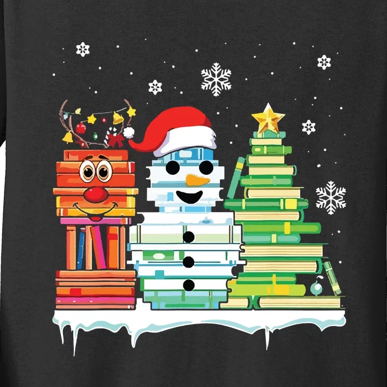 Christmas Library Tree Snoman Merry Bookmas Book Lover Xmas Kids Long Sleeve Shirt