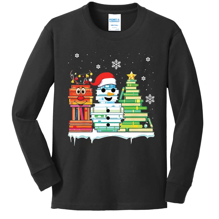 Christmas Library Tree Snoman Merry Bookmas Book Lover Xmas Kids Long Sleeve Shirt