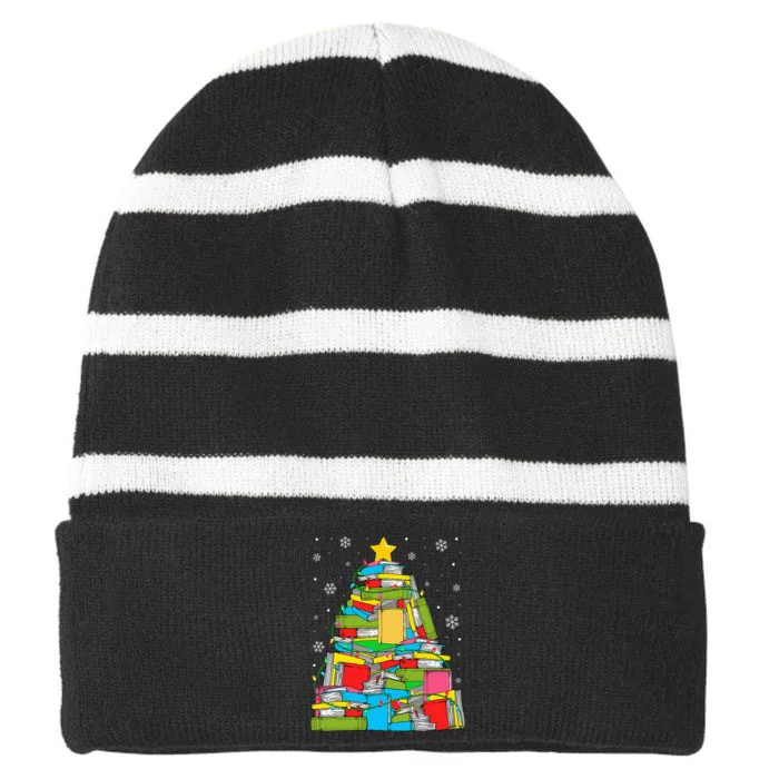 Christmas Library Tree Funny Librarian Book Lover Xmas Light Striped Beanie with Solid Band