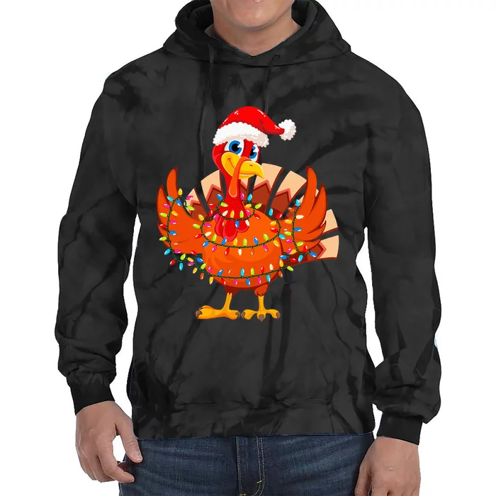 Christmas Lights Turkey Wearing Xmas Hat Turkey Lover Tie Dye Hoodie