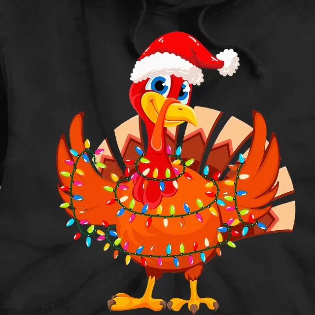 Christmas Lights Turkey Wearing Xmas Hat Turkey Lover Tie Dye Hoodie