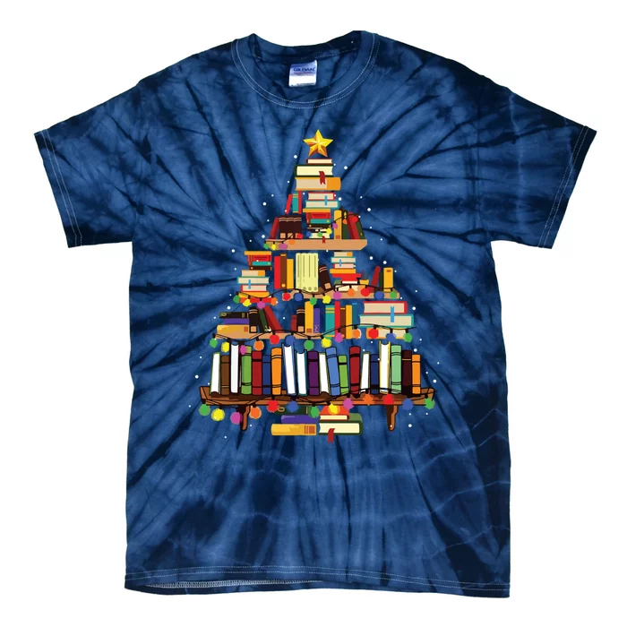 Christmas Library Tree Gift For Librarian And Book Lover Long Sleeve Tie-Dye T-Shirt