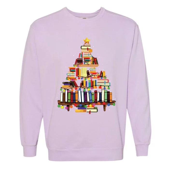 Christmas Library Tree Gift For Librarian And Book Lover Long Sleeve Garment-Dyed Sweatshirt