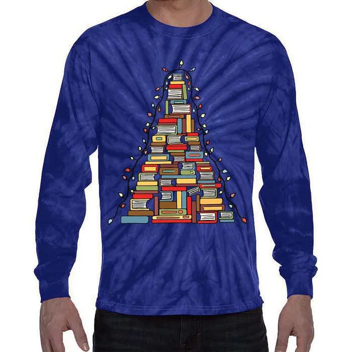 Christmas Library Tree Gift For Librarian And Book Lover Tie-Dye Long Sleeve Shirt