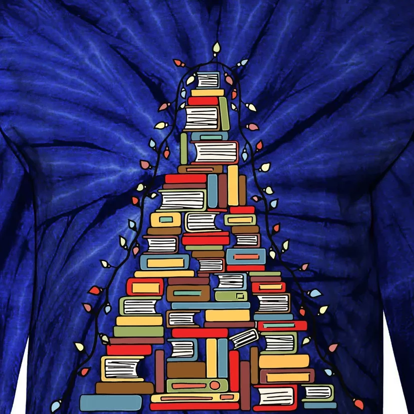 Christmas Library Tree Gift For Librarian And Book Lover Tie-Dye Long Sleeve Shirt