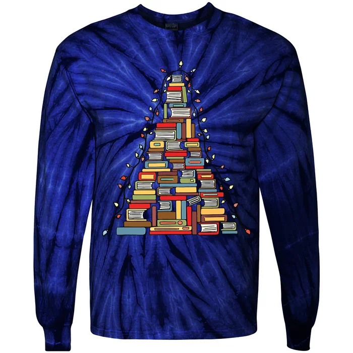 Christmas Library Tree Gift For Librarian And Book Lover Tie-Dye Long Sleeve Shirt