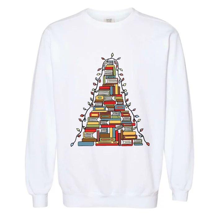 Christmas Library Tree Gift For Librarian And Book Lover Garment-Dyed Sweatshirt