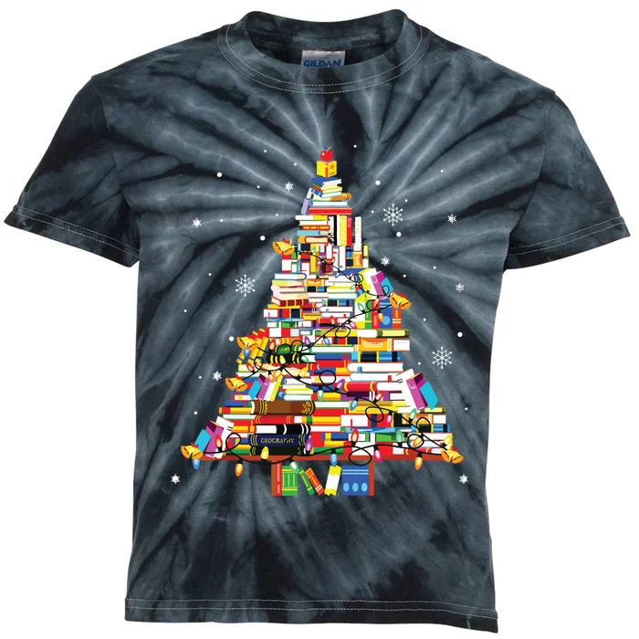 Christmas Library Tree Librarian Book Lover Kids Tie-Dye T-Shirt