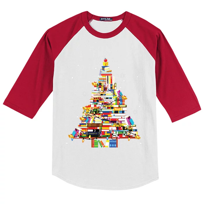 Christmas Library Tree Librarian Book Lover Kids Colorblock Raglan Jersey