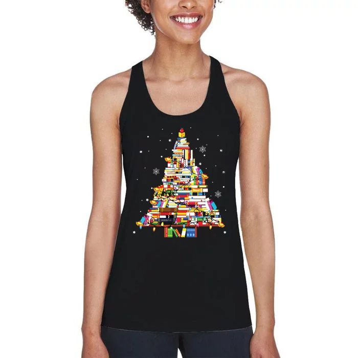 Christmas Library Tree Lights For Librarian And Book Lover Women's Racerback Tank