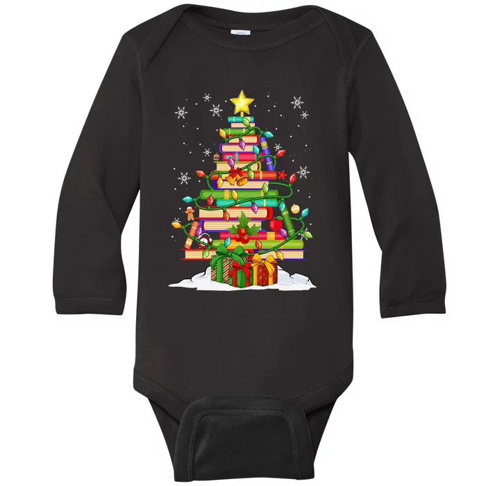 Christmas Library Tree Gift For Librarian And Book Lover Baby Long Sleeve Bodysuit