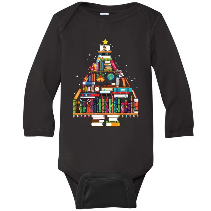 Christmas Library Tree Gift For Librarian And Book Lover Baby Long Sleeve Bodysuit