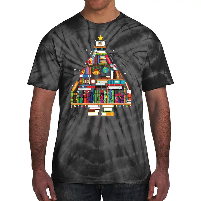 Christmas Library Tree Gift For Librarian And Book Lover Tie-Dye T-Shirt