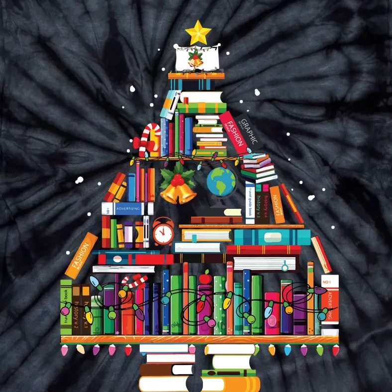 Christmas Library Tree Gift For Librarian And Book Lover Tie-Dye T-Shirt