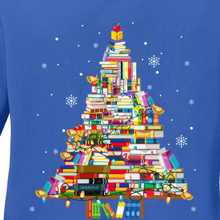 Christmas Library Tree Lights For Librarian And Book Lover Cool Gift Ladies Long Sleeve Shirt