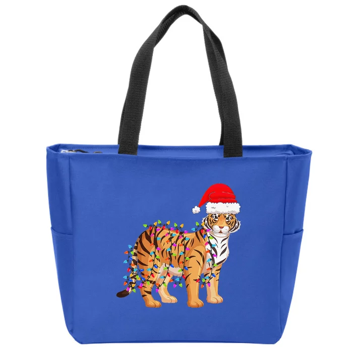 Christmas Lights Tiger Wearing Xmas Hat Tiger Lover Gift Zip Tote Bag