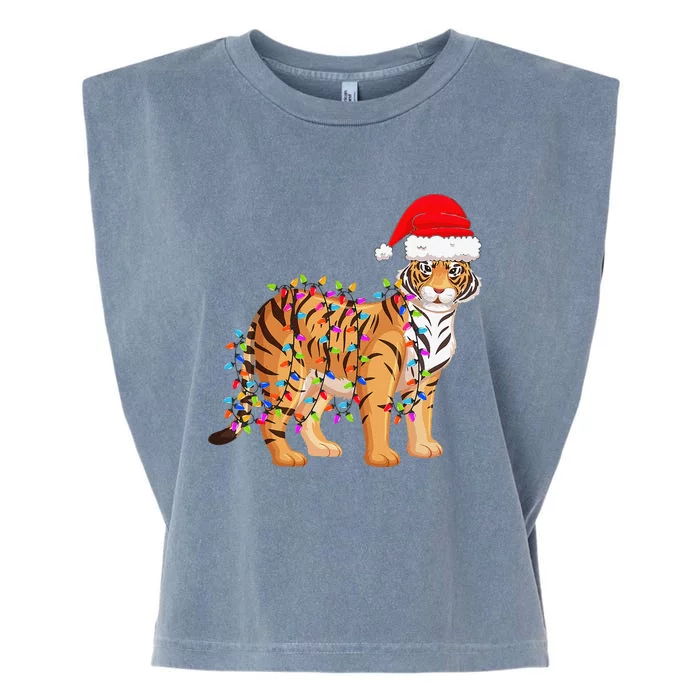 Christmas Lights Tiger Wearing Xmas Hat Tiger Lover Gift Garment-Dyed Women's Muscle Tee