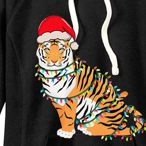 Christmas Lights Tiger Wearing Xmas Hat Tiger Lover Women's Fleece Hoodie